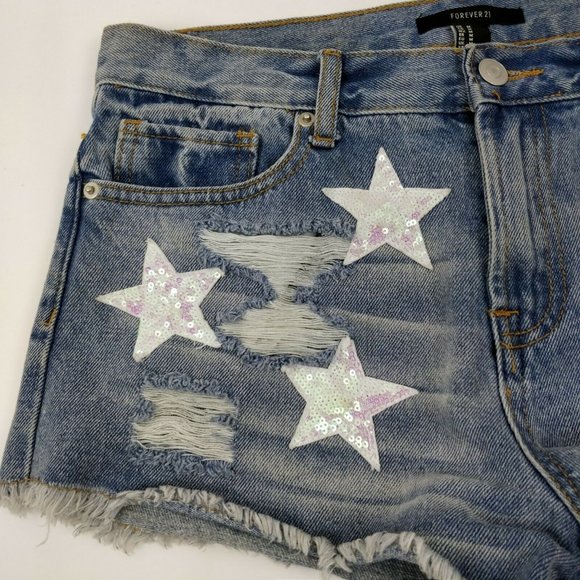 Forever 21 Size M Raw Hem Ripped Sequin Stars Denim Boyfriend Shorts - Picture 4 of 8
